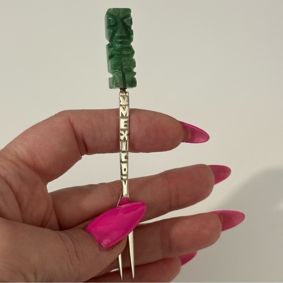 Jade and sterling silver vintage antique hors d'oeuvres made in Mexico fork - Picture 7 of 9